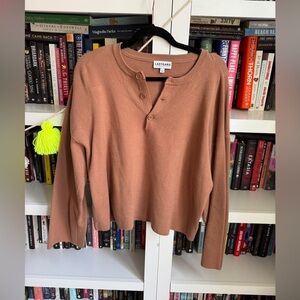 Lady Gang brown knit Henley button oversized sweater top classic shirt